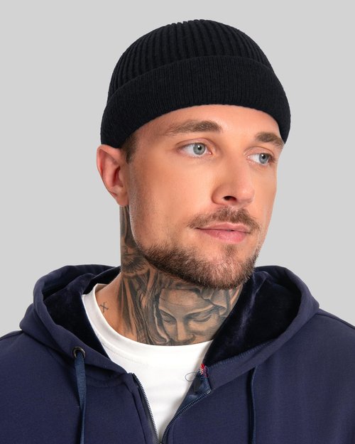 ROYBENS Short Fisherman Beanie for Men Women, Wool Warm Winter Hat, Swag Knit Cuff Soft Trawler Beanies Watch Cap Skull Caps, Black