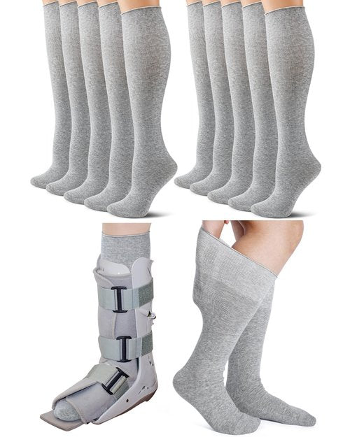 Shihanee 5 Pairs Seamless Walking Boot Socks Over The Calf Loose Fit AFO Tube Socks Liner for Cam Walker Orthopedic Boot Cast(Gray)