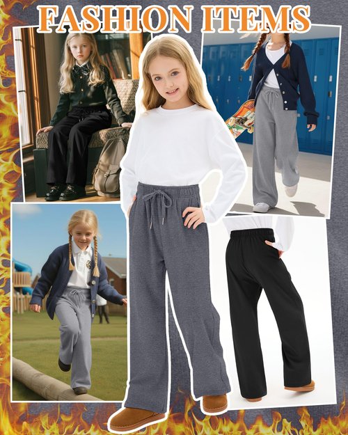 LessonZoo 3 Pack Girls' Fleece Sweatpants Wide Leg Drawstring Casual Kids Joggers Open Bottom Loose Teen Pants with Pockets(Dark Mixed Gray, Light Mixed Gray, Black,Large)