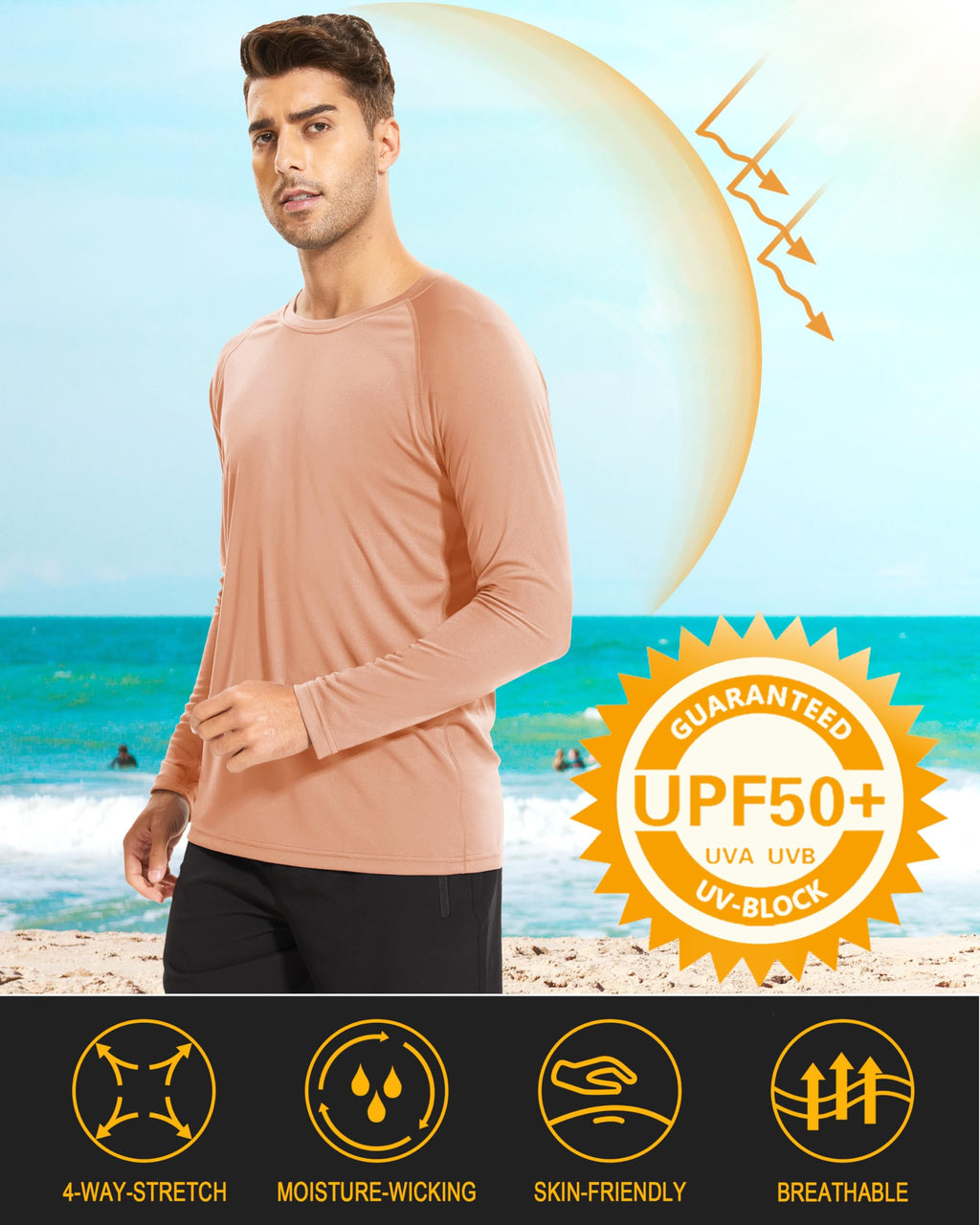 Rashguard Shirts for Men Long Sleeve Sun Protection Shirts Athletic T-Shirt UPF 50 Protection Quick Dry Shirt Fishing Shirts Apricot