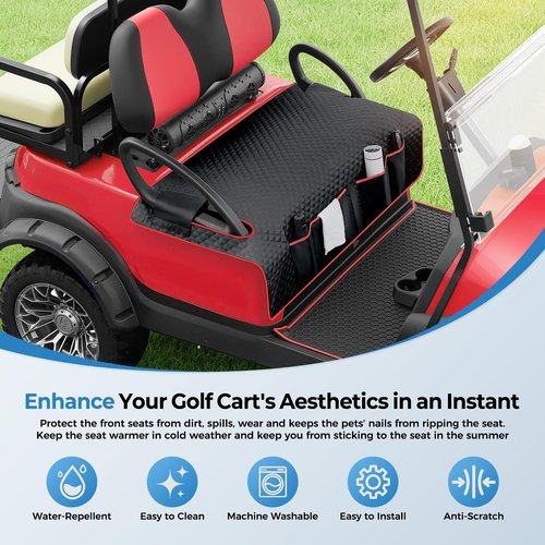 Tecoom Golf Cart Seat Covers for Club Car, EZGO, Yamaha, Universal Front Golf Cart Seat Towel Blanket with Armrest Strap 4 Pockets, 48.4"x31.5", Keeps Seat Comfortable and Clean, Golf Gift, Black