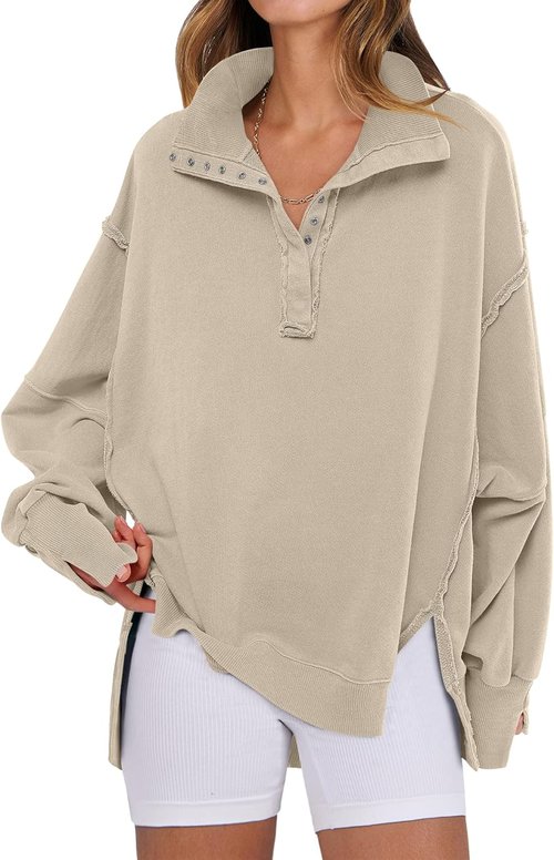 ANRABESS Women's Oversized Sweatshirt - Casual Button-Up Henley Top with High-Low Split | Fall Fashion 2025
