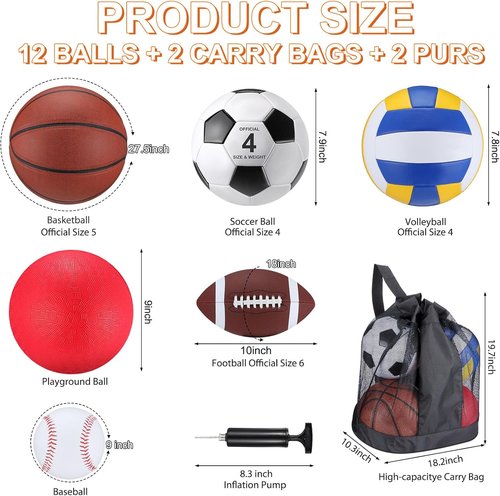Deekin 12-Piece Sport Ball Set for Kids - Official Size Basketball, Football, Volleyball & More | Includes Bag & Pump