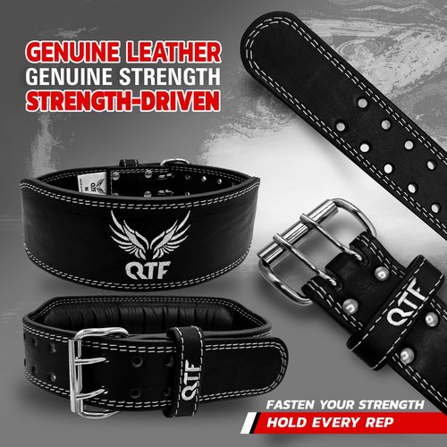 QTF Weight Lifting Belt Gym Exercise Workout, 6 inch Leather Padded Lumbar Back Support Men Women, 9 double Adjustable Holes, Powerlifting Bodybuilding Deadlift, Squat Fitness Strength Training Belt (Power-Belt, X-Large)