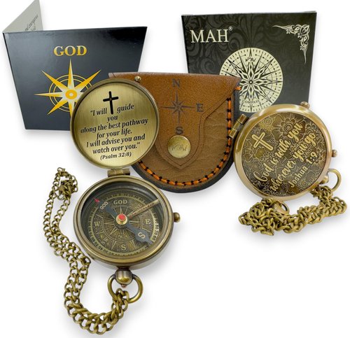 Handmade Religious Compass – “God is with You” Engraved Working Brass Gift – Christian Baptism, Confirmation, Christening or First Communion Keepsake for Boys, Teens & Men – Guided by Faith