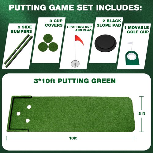 Wekin Golf Putting Green Mat Indoor,3x10ft Thickening Outdoor Portable Golf Game Set Training Turf with Side Border,Movable Cup for Home Backyard Office