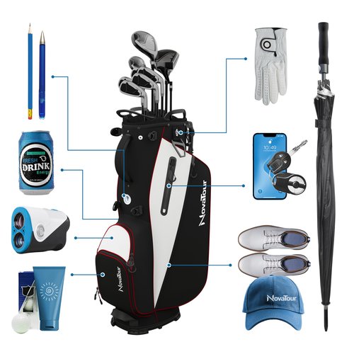 NovaTour Golf Stand Bag - Lightweight Golf Bag with Stand and 7 Way Dividers, Dual Strap, Waterproof Pocket, Insulated Sleeve, Easy-Lift Handles and Swing-Cam Holder (Ember Black/Red)