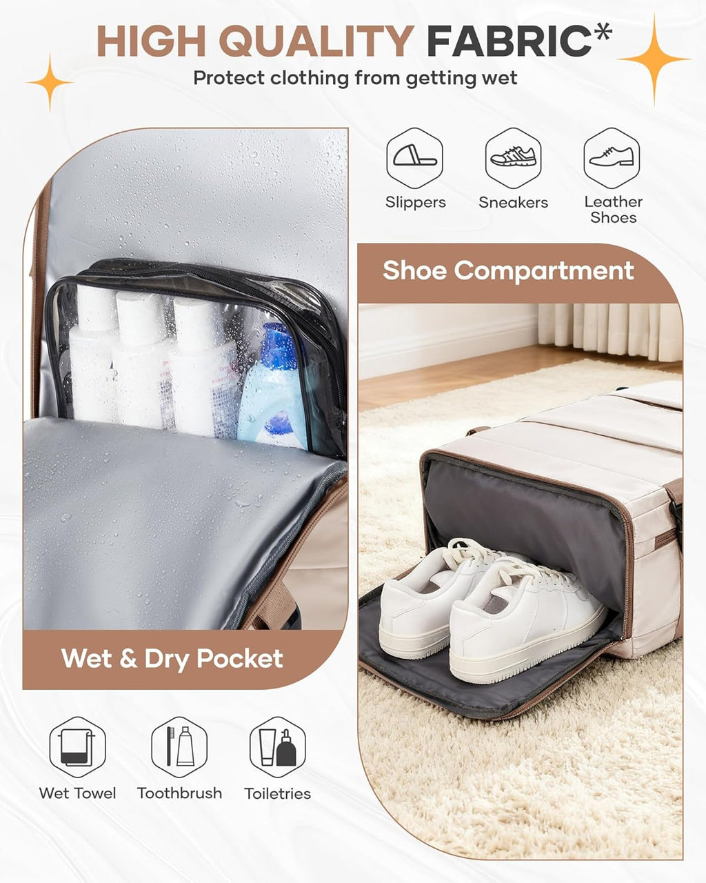 Skiennix Travel Backpack - Flight Approved Carry-On Bag for Airlines | Large Beige & Brown Design