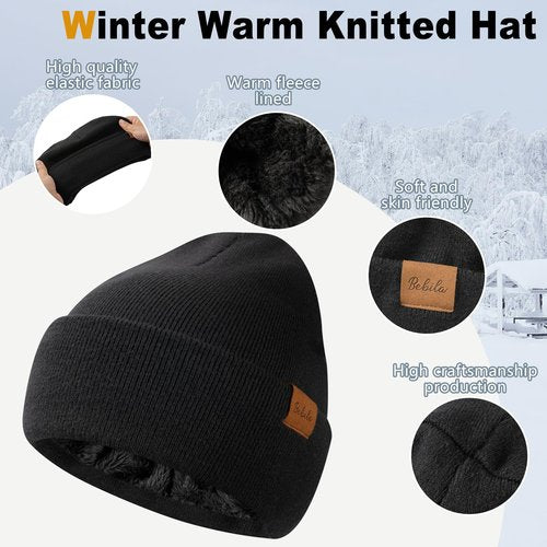 Bebila Winter Beanie Hat Scarf Gloves Set for Men, Thick Knit Hat Warm Neck Fleece Lined Winter Gift