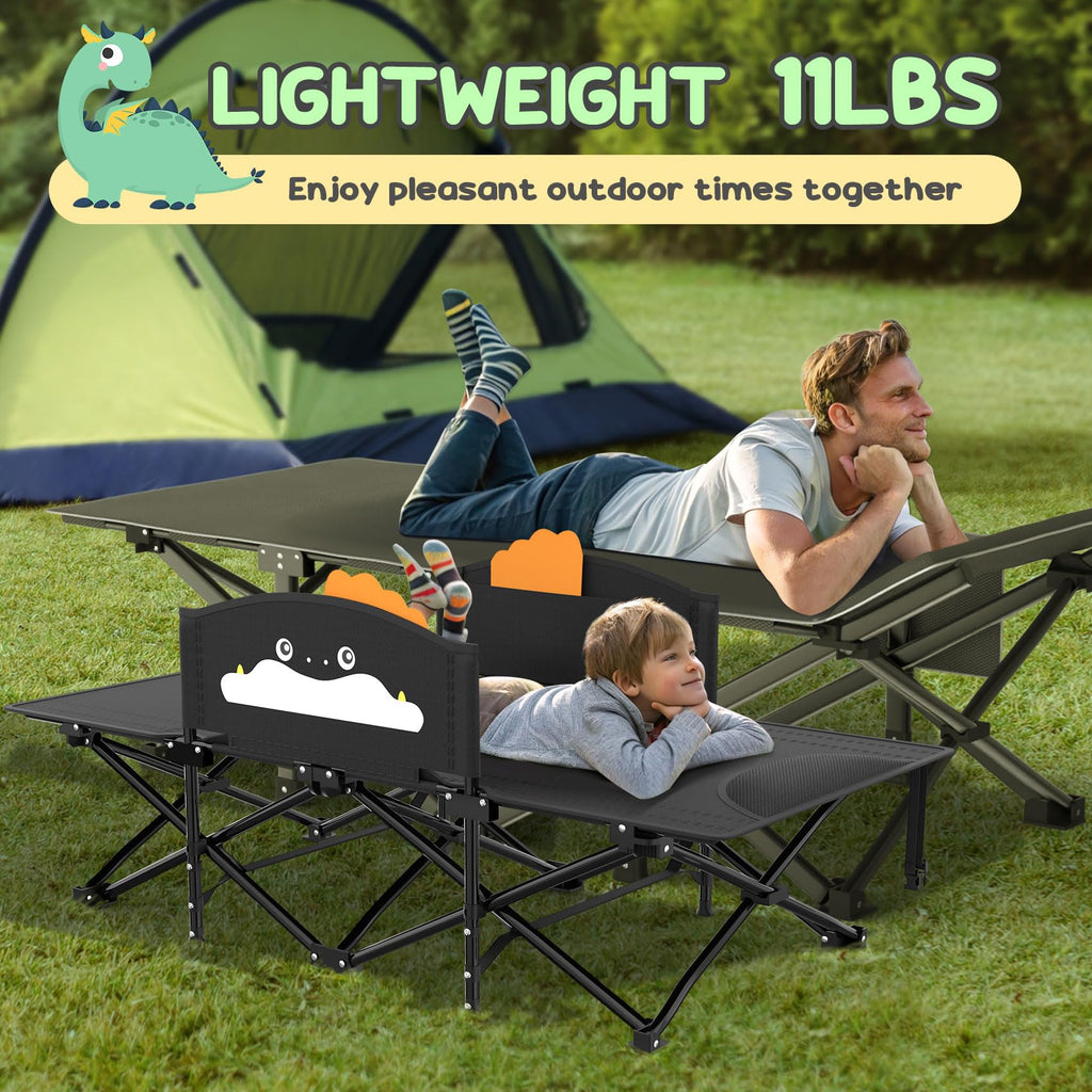 Slendor Toddle Cot, Toddler Portable Bed w/Cartoon Handrail, Blanket (5ft x 4ft), Folding Toddler Cots for Camping, Travel Bed, Extra Long Cot Length 56", Support 330 Lbs, Black