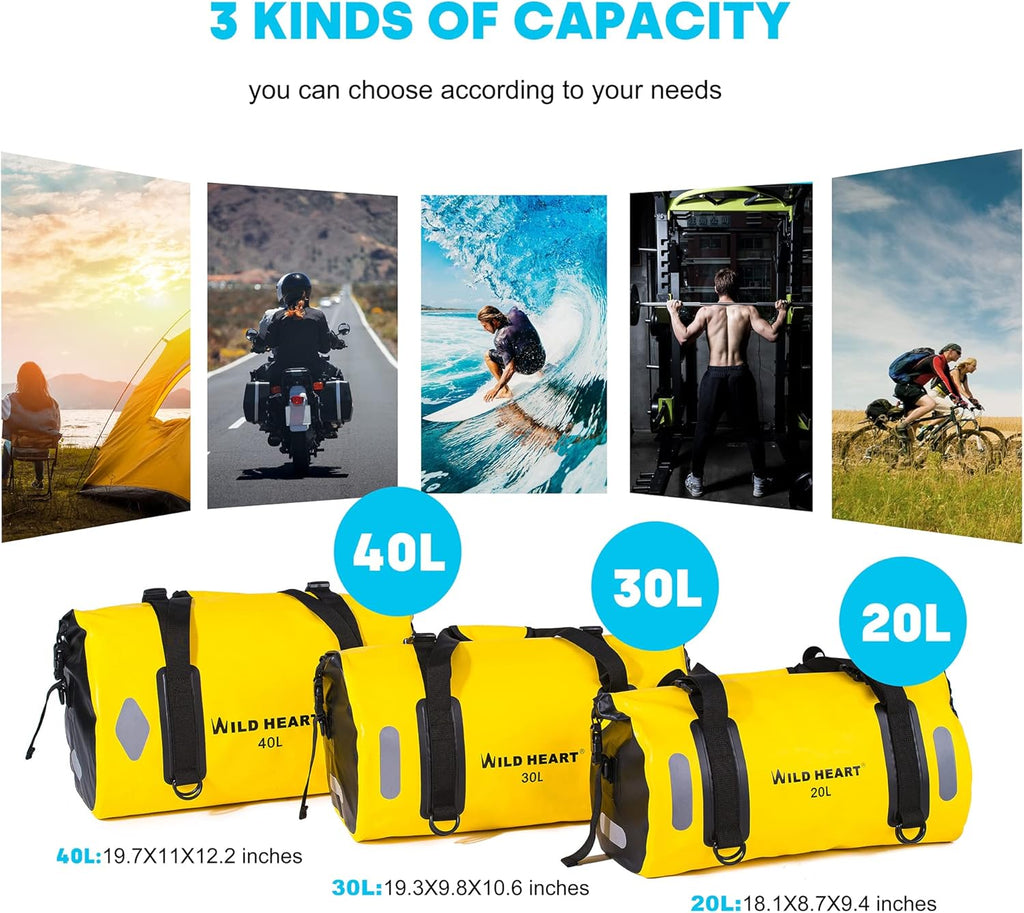 WILD HEART Waterproof Duffel Bag - Durable 20L/30L/40L with Welded Seams & Mesh Pocket for Outdoor Adventures