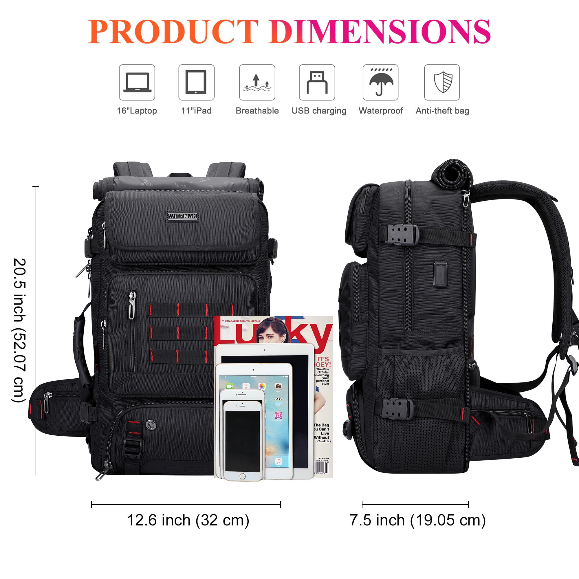 WITZMAN Carry on Travel Backpack for Men Women Airline Approved Convertible Nylon Duffle Backpack Luggage Bag (B682 Black)