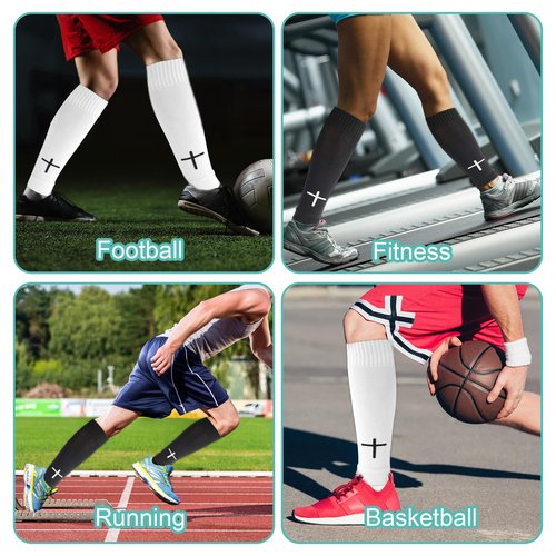 2 Pairs Pre Cut Soccer Socks, Polyester Shin Guard Sleeves White Black Cross Leg Sleeves Pre Cut Socks for Football Basketball Running