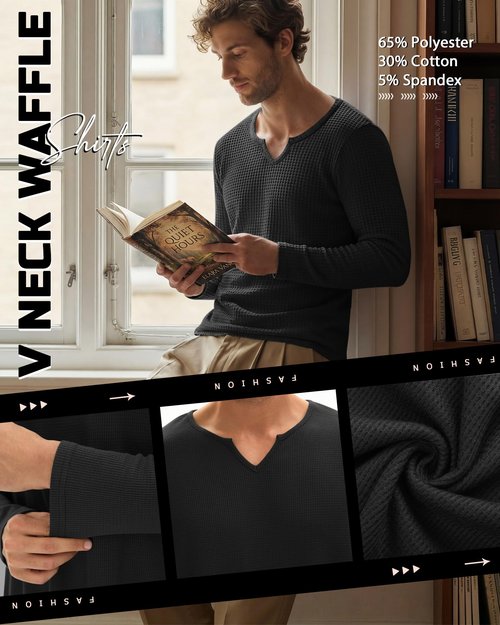 August Alley Men's Waffle V Neck Shirt Long Sleeve Thermal Pullover Top Casual Stretch Lightweight Undershirt(Black,X-Large)