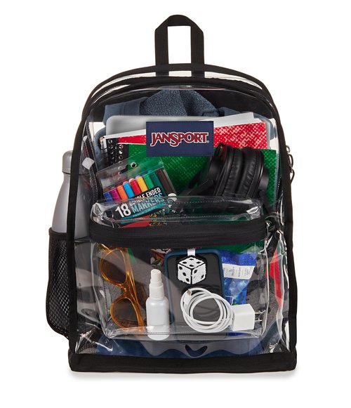 JanSport Clear Pack – 25.5L Transparent Backpack, Large Main Compartment, Side Water Bottle Pocket, Front Zippered Pocket, Mesh Bottom Panel, Clear