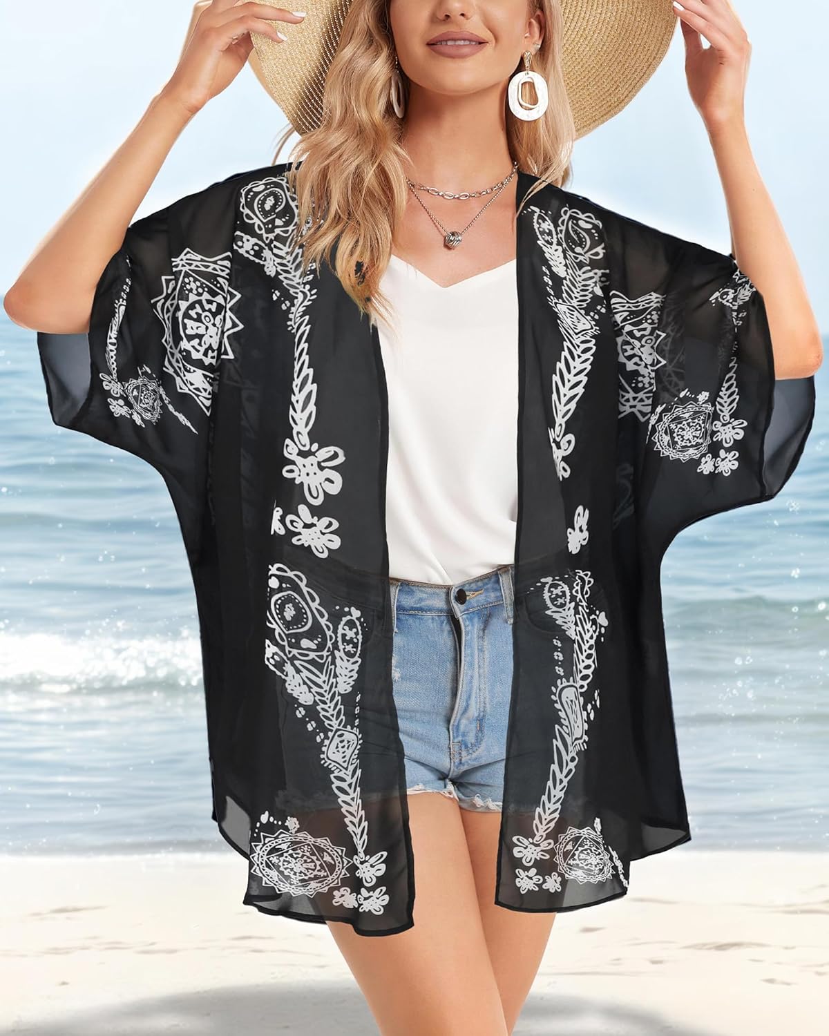Skiennix Women's Floral Print Kimono Cardigan - Loose Casual Cover-Up Blouse Top
