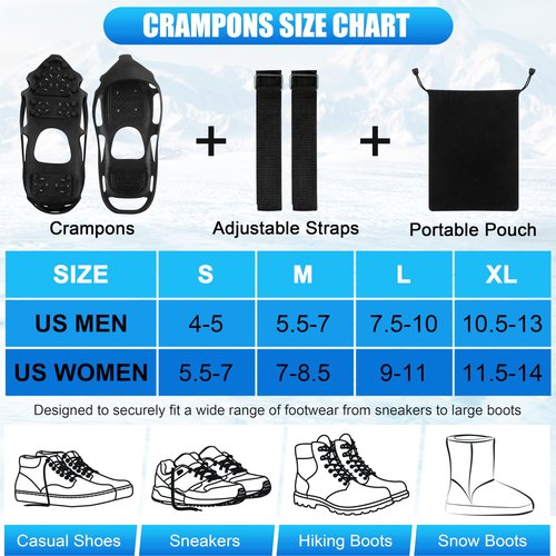 Ice Cleats for Shoes and Boots, Non Slip Ice Shoes Grippers 28 Studs Snow Cleats Crampons for Women Men Ice & Snow Cleats with Adjustable Straps for Winter Hiking Walking Ice Fishing