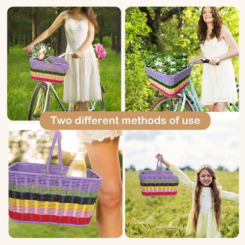 Bike Basket Front, Large Wicker Baskets for Bike, Hand-Woven Bicycle Basket with Iron Framework, Detachable Front Handlebar Bike Basket (Rainbow)