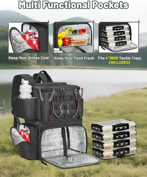 MATEIN Fishing Backpack - 4 Tackle Boxes, Rod Holder, Cooler & Safety Compass | Perfect Gift for Fishermen