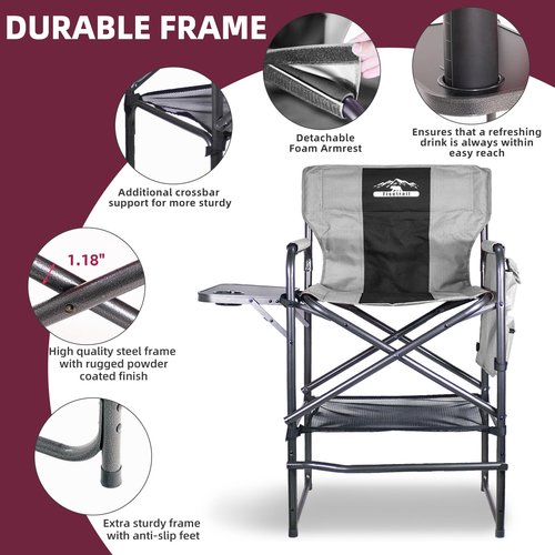 Tisetrail Tall Directors Chair 30" Seat Height, Bar Height Folding Chair with Side Table, Foldable Camping Chair with Side Pocket for Makeup Artist, Sports Event, Supports 400LBS - Black/Gray