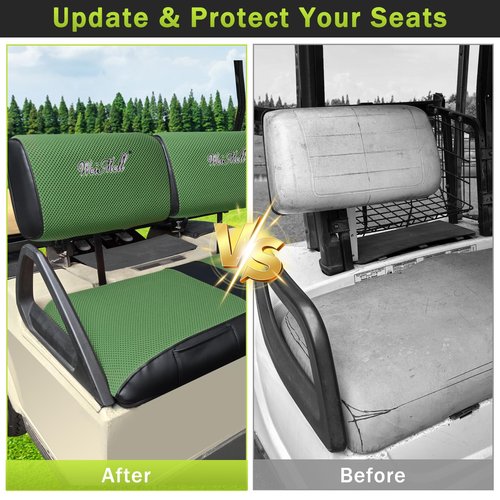 WEIMELL Golf Cart Seat Covers Fit Club Car DS Pre-2000 Front Seat Covers for Regular Cushions Breathable Thicken Mesh with Vinyl Leather No Nail Gun Easy to Install Black & Green