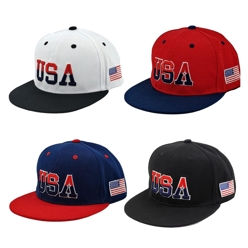 USA Snapback Hats for Men Women American Flag Baseball Cap Adjustable Cotton Embroidered Flat Brim Hat Patriotic Dad Hat Trucker Cap White