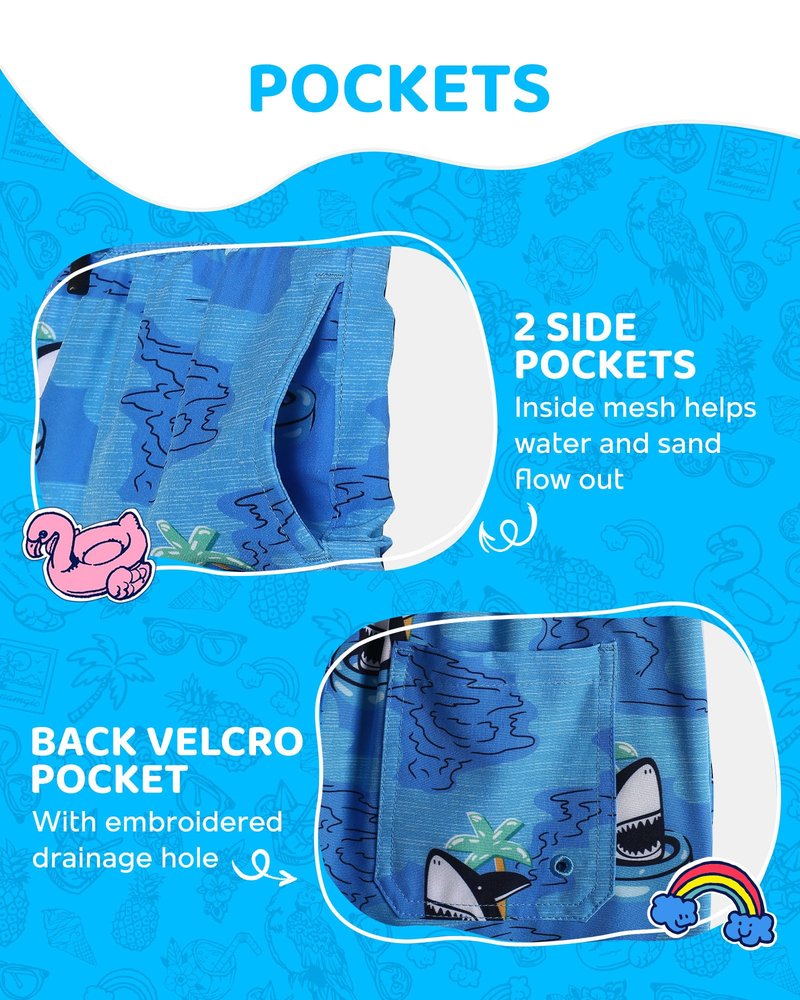 maamgic Boys Swim Trunks with Compression Liner Toddler Boy Swimsuit Quick Dry 4-Way Stretch Swimming Trunks Swim Ring Shark Blue 2T