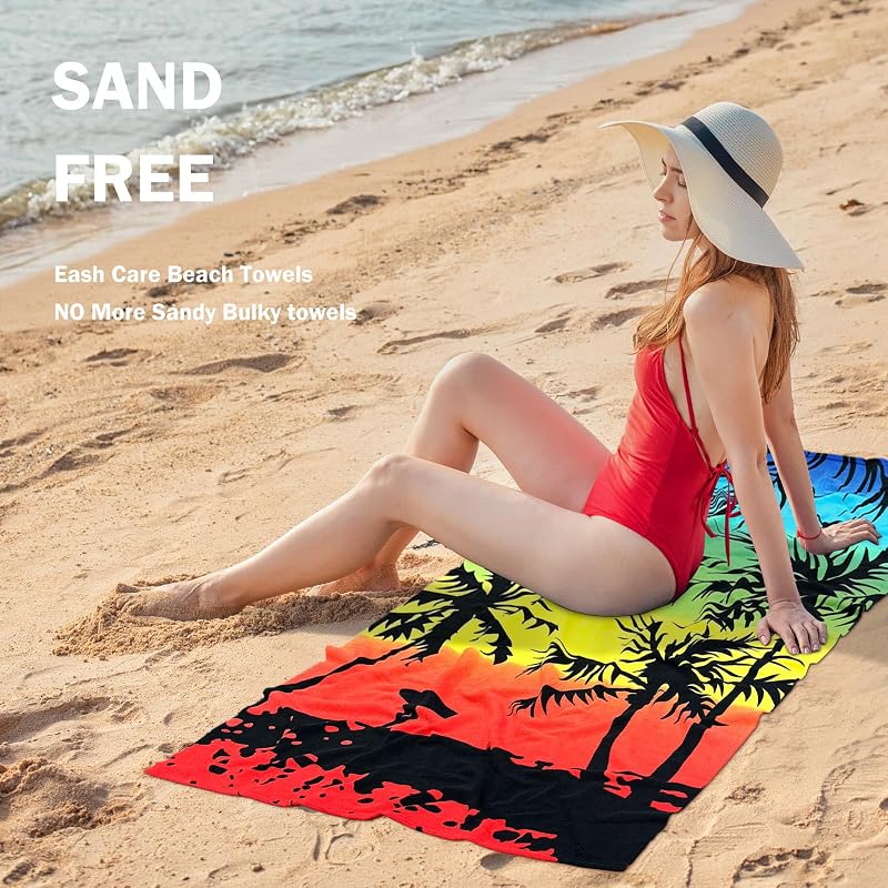 Oversized Microfiber Beach Towel 70x35 - Quick Dry, Sand Free, Lightweight Travel XL Beach Towel (Coconut Tree)