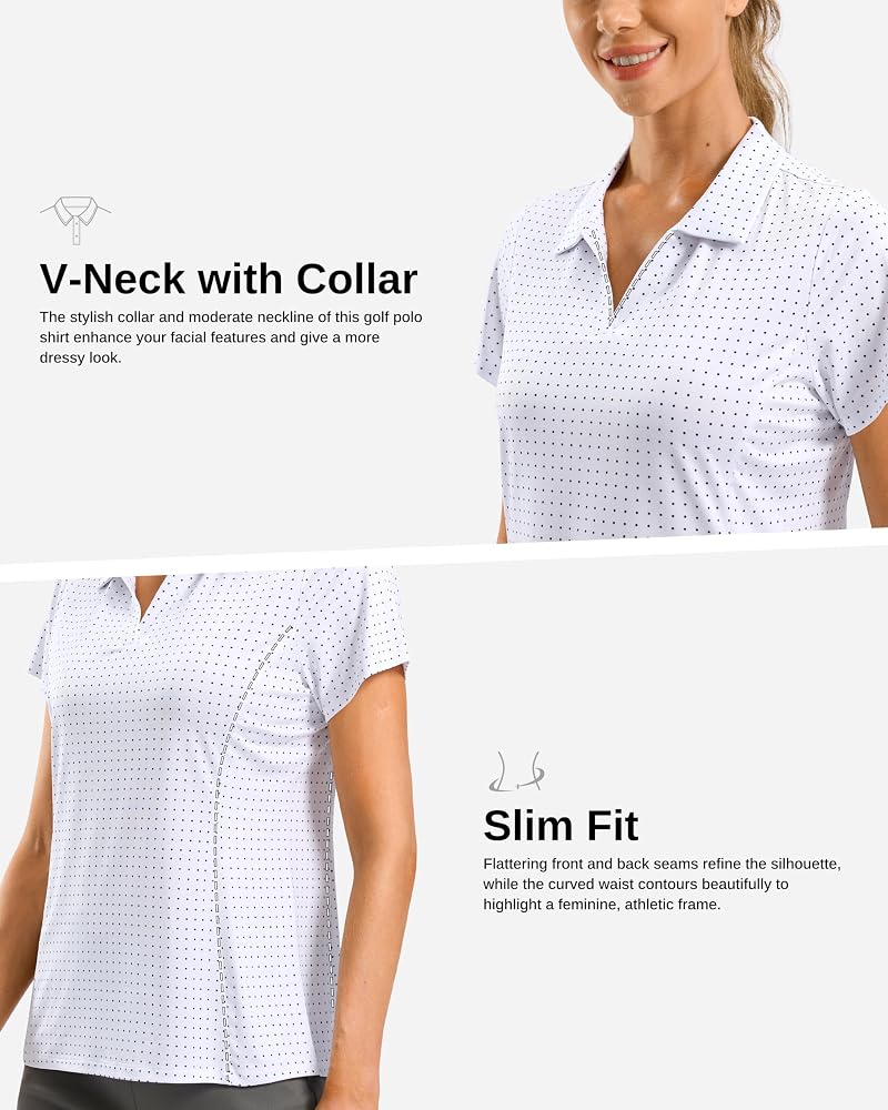 G Gradual Women's Polo Shirt - Short Sleeve V-Neck Collared Top with UPF 50+, Lightweight Dry-Fit (Black Dot, Large)