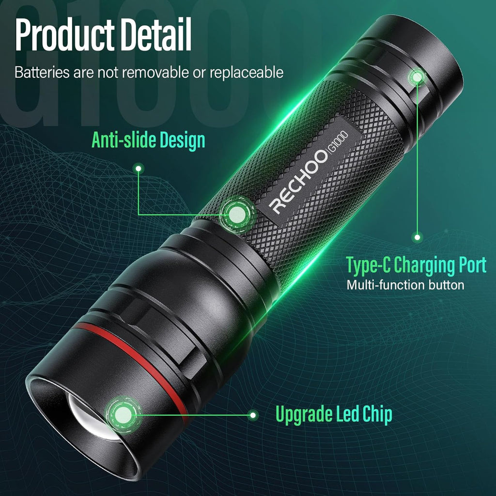 RECHOO Rechargeable Flashlights - High Lumens 2-Pack | Super Bright LED Tactical Lights with 3 Modes