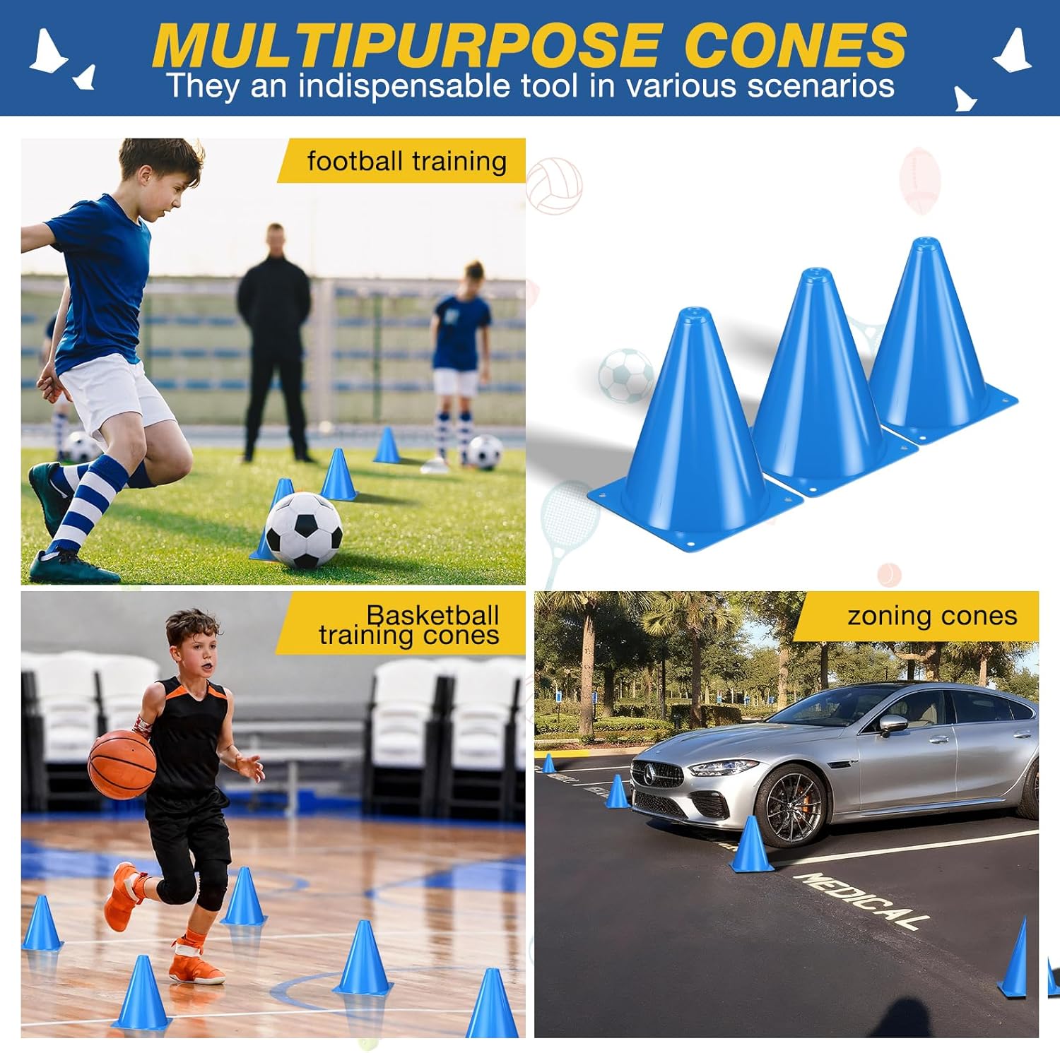 Skiennix 12-Piece 7-Inch Soccer Cones - Durable Plastic Traffic Cones for Sports Training & Agility Drills