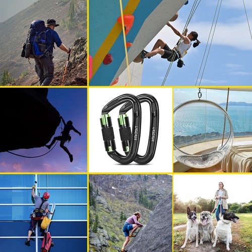 Lasehuh UIAA Certified 25KN Auto Locking Climbing Carabiner Clips, D Shaped, Twist Lock, and Heavy Duty Carabiners for Rock Climbing, Rappelling,3.93 Inch, Large Size. (Black Green-2PCS)