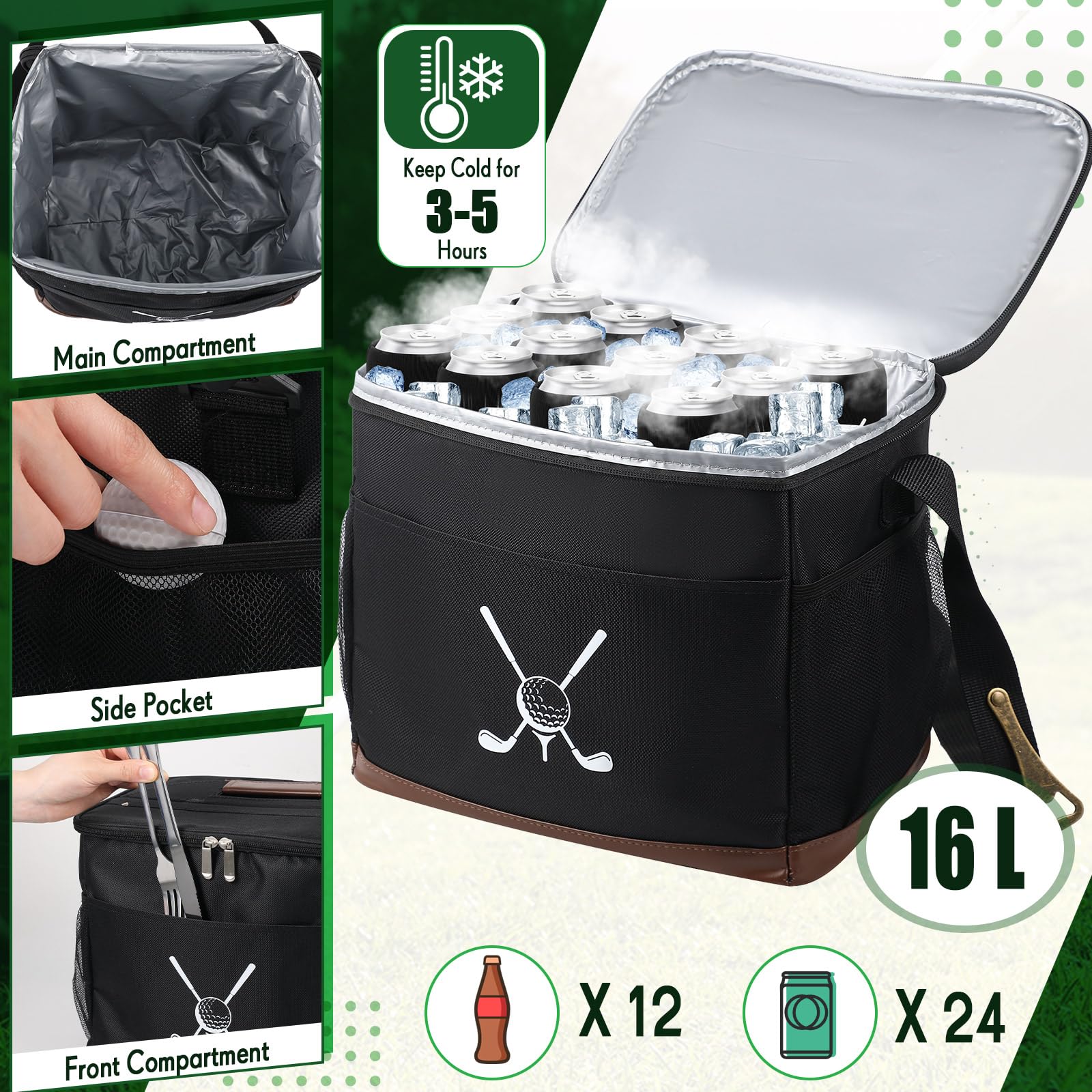 Reallnaive Golf Cart Cooler Bag Insulated with 6 Beer Can Sleeves 24 Can Large Foldable Leakproof Soft Cooler Bag with Bottle Opener Ice Cooling Holds for Golf Cart (Black)