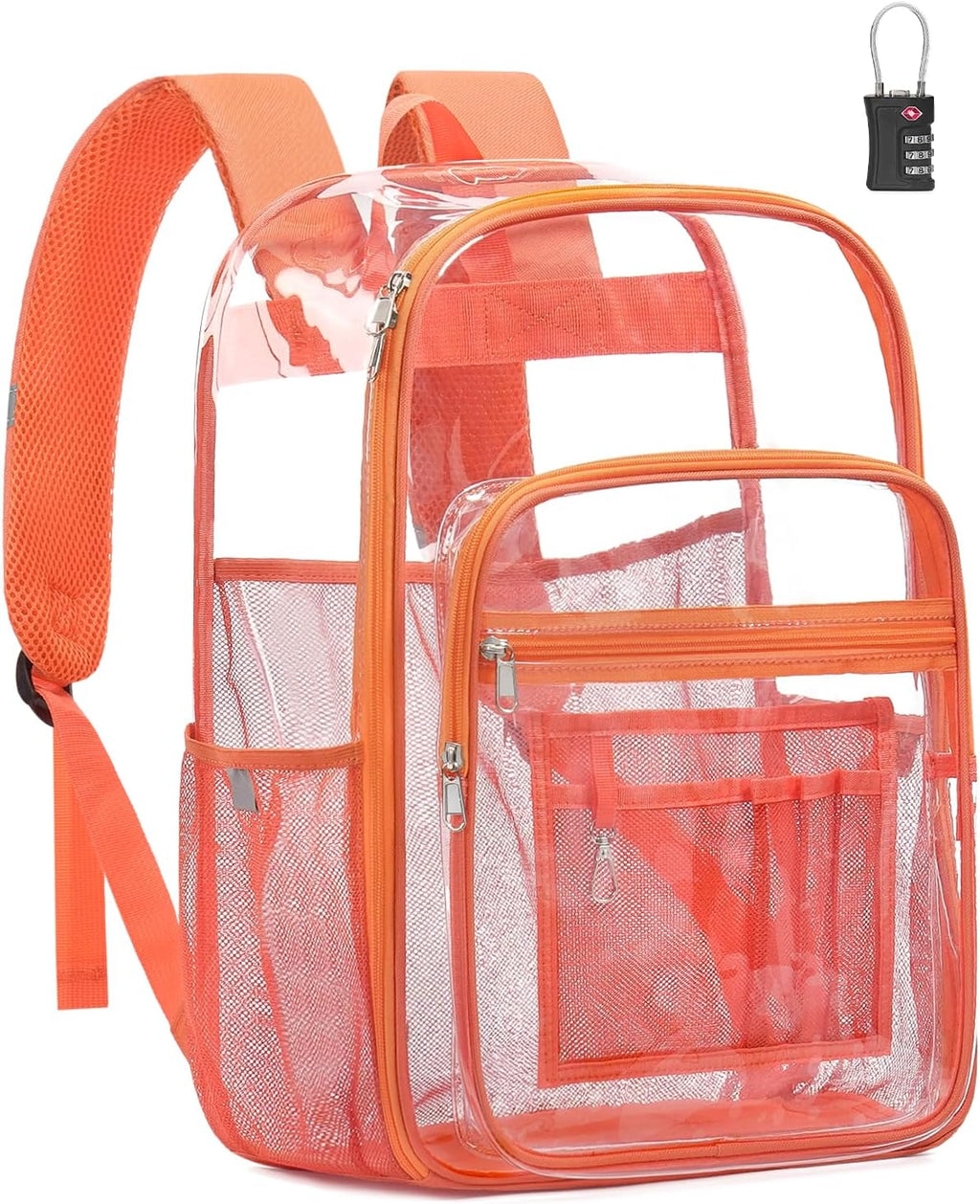 Skiennix Extra Large Clear Backpack - TSA Lock, Heavy Duty Transparent Bookbag for College & Travel | Orange