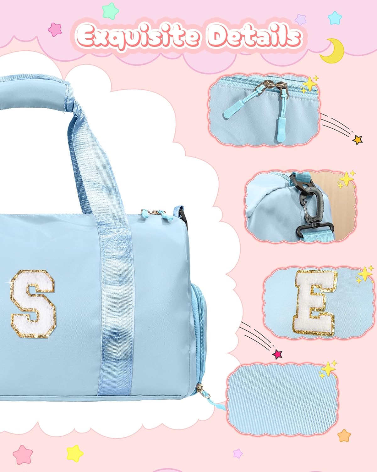 Skiennix Girls Gym Bag - Personalized Weekender Tote with Shoe Compartment & Makeup Pouch | Ideal Gift for 7-Year-Olds (Letter R)