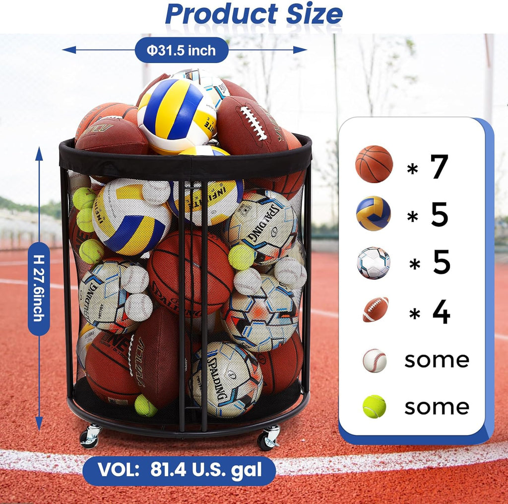 Skiennix Ball Storage Cart - Mobile Sports Ball Holder with Wheels for Basketball, Soccer, Garage & School