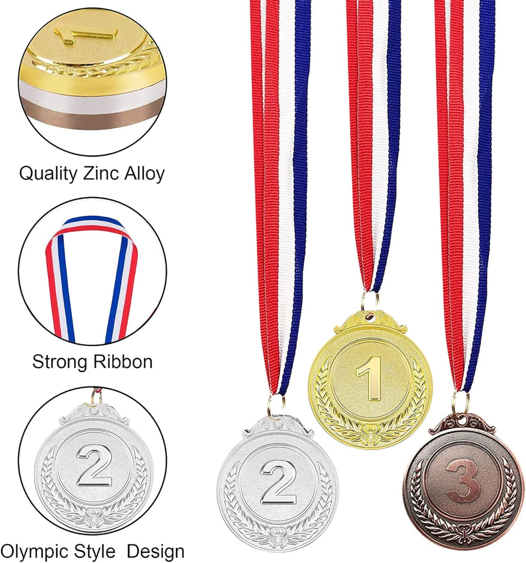 Winner 12-Piece Metal Award Medals Set - Gold, Silver, Bronze with Neck Ribbons | 2 Inches
