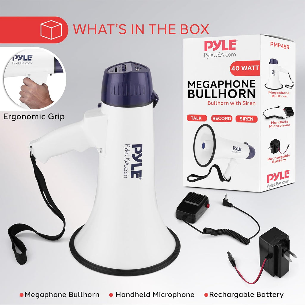 Pyle Megaphone Bullhorn - Powerful Sound with Built-In Siren | Lightweight & Portable Design