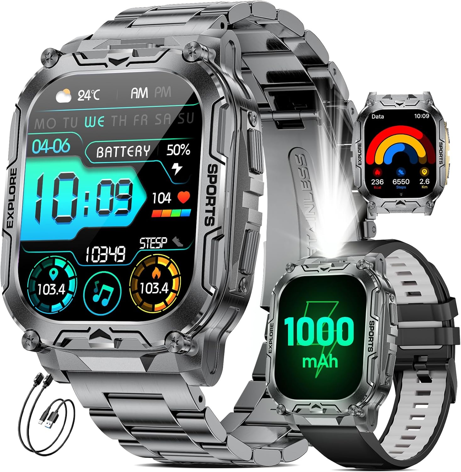 TX12 Smart Watch for Men - 1000 mAh Battery | HD Fitness Tracker with 100+ Sports Modes, Black