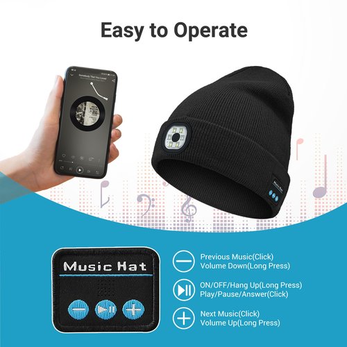 Wewow Bluetooth Beanie with Light, Beanie with 6 LED Light and Bluetooth Headphones, USB Rechargeable, Gifts for Family/Friends/Partners Black