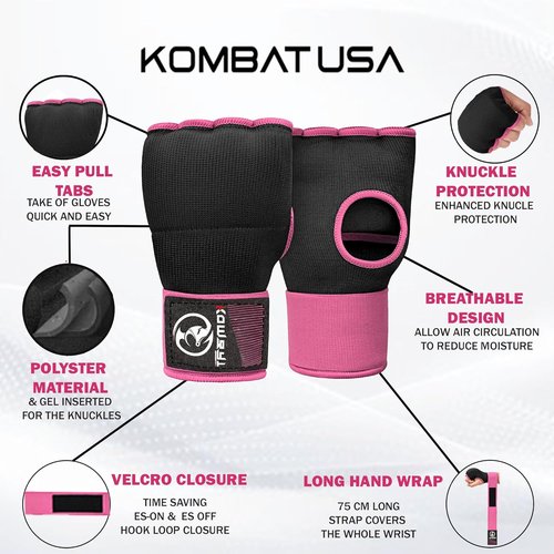 Kombat Gel Boxing Hand Wraps - Padded Inner Gloves for Men & Women | 75cm Quick Wrist Wraps for MMA & Kickboxing