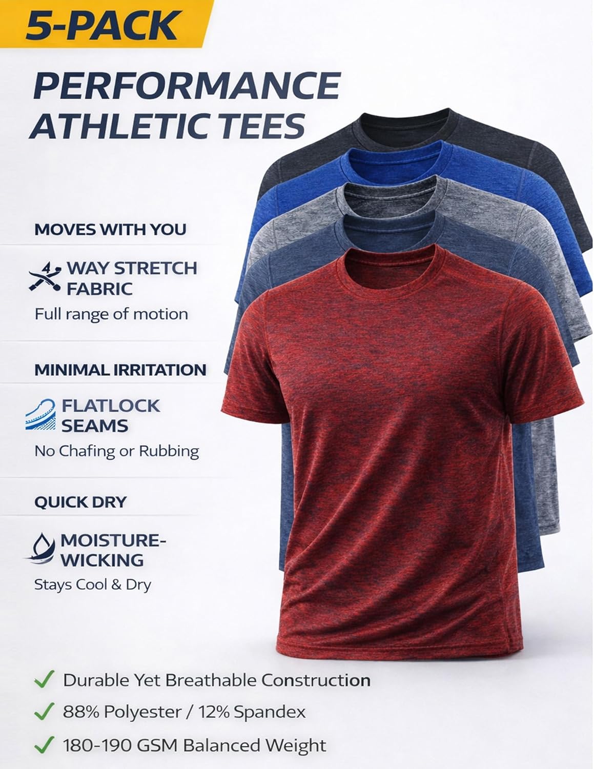 Skiennix Men's Active Quick Dry Crew Neck T-Shirts - 5 Pack Athletic Gym Tees in Bulk