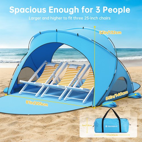 Raynesys Beach Tent Sun Shelter for 1-3 Person, Portable Sun Shelter, Sun Shade Tents with 2 Zippered Doors, Cool Cabana for Sand Camping, Blue