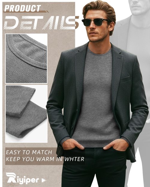 Riyiper 3 Pack Men's Ribbed Thermal Shirts Crew Neck Long Sleeve Tops Winter Stretchy Slim Basic Undershirt(Black, Gray, Light Gray,M)