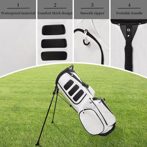 Lightweight Golf Stand Bag with 14 Way Full-Length Dividers, 7 Zippered Pockets and Rain Cover, with Handles and Dual Strap (White, 14 Way)