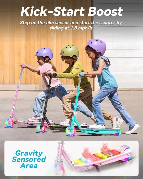 Gyroor KS2 Kids Electric Scooter with LED Lights – Safe 5 MPH Speed, Foot Sensor Start, Adjustable Handlebar, Fast Charging, for Ages 6–12,Pink