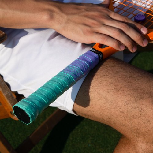 Get A Grip - Custom Tennis Racket Grip Tape - Anti-Slip/Quick-Drying Tennis Overgrips - Precut Badminton Racket Grip with Finishing Tape (Paint The Lines (Purple + Mint), 1 Grip)