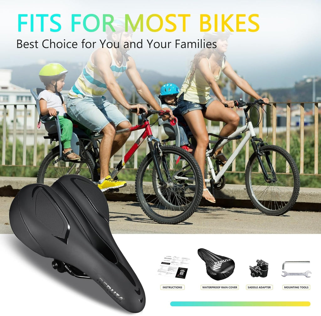 Skiennix Large Comfortable Bike Seat | Oversized Memory Foam Padded Saddle - Waterproof Leather Cover