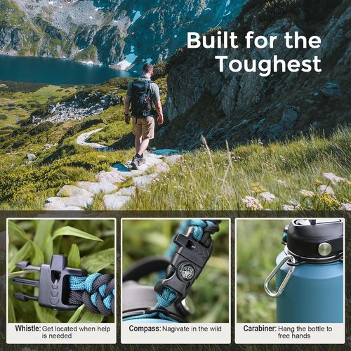 ABOTOCUP Paracord Handle fits Wide Mouth Water Jug, Durable Paracord Bracelet Strap Carrier for 32 40 64 128 oz Bottle, Secure Accessories for Hiking with Safety Ring Carabiner & Compass Whistle