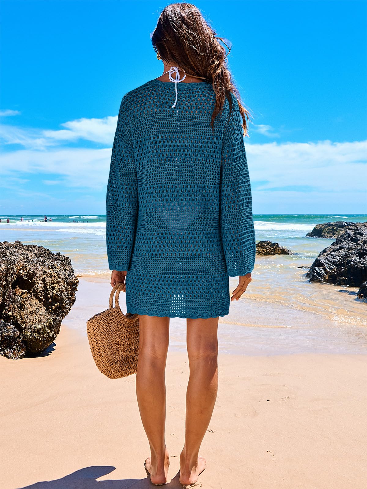 ANRABESS Women Swimsuit Crochet Swim Cover Up 2026 Summer Bathing Suit Swimwear Mesh Knit Beach Dress Vacation Outfits Cyan Large